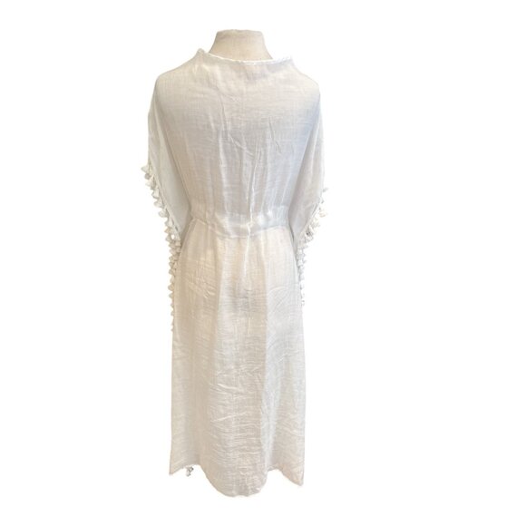 White Tassel Trim Beach Cover-Up Dress With V-Neck & Waist Tie - Picture 5 of 7